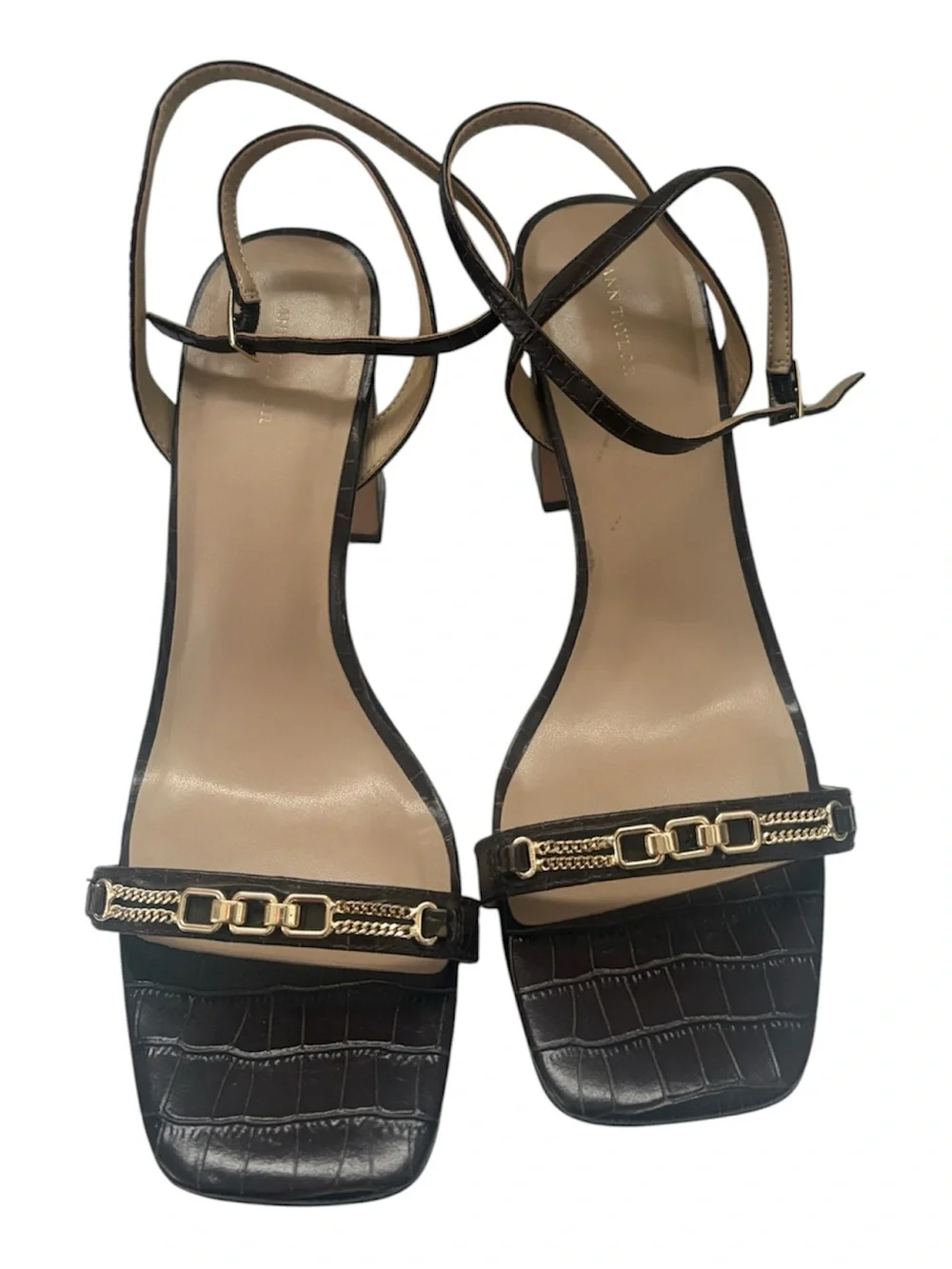 Ann Taylor Buckle Strap Brown Croc Embossed Leather Block Heel Strappy Sandal